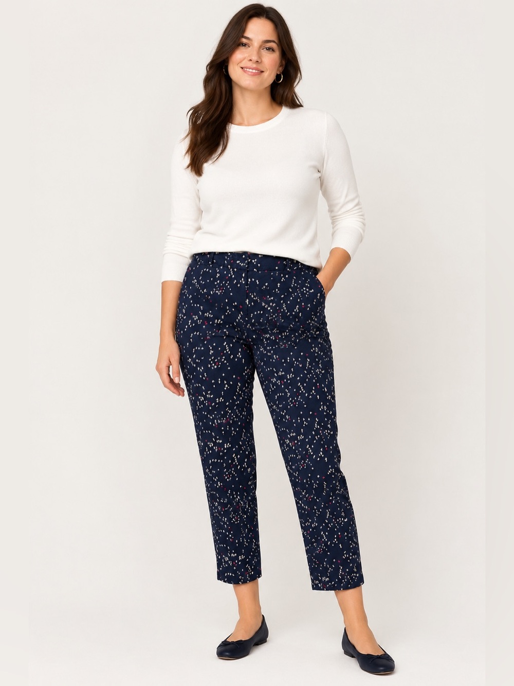 Talbots Signature Ankle Dress Pants Confetti Bird Pattern Women 8 Navy Blue